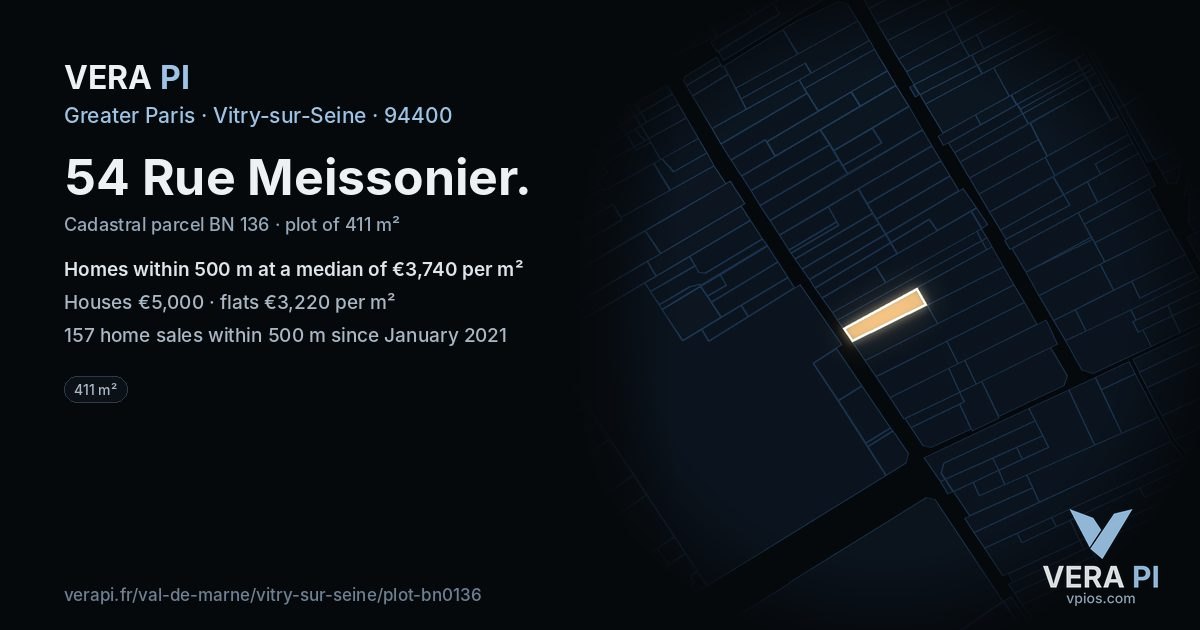54 Rue Meissonier, Vitry-sur-Seine at night – the plot lit, the parcels around coloured by the prices near them