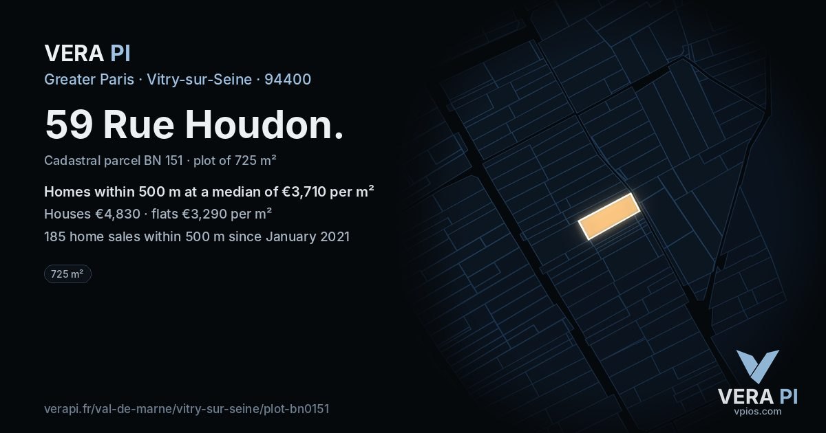 59 Rue Houdon, Vitry-sur-Seine at night – the plot lit, the parcels around coloured by the prices near them