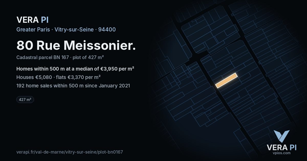 80 Rue Meissonier, Vitry-sur-Seine at night – the plot lit, the parcels around coloured by the prices near them
