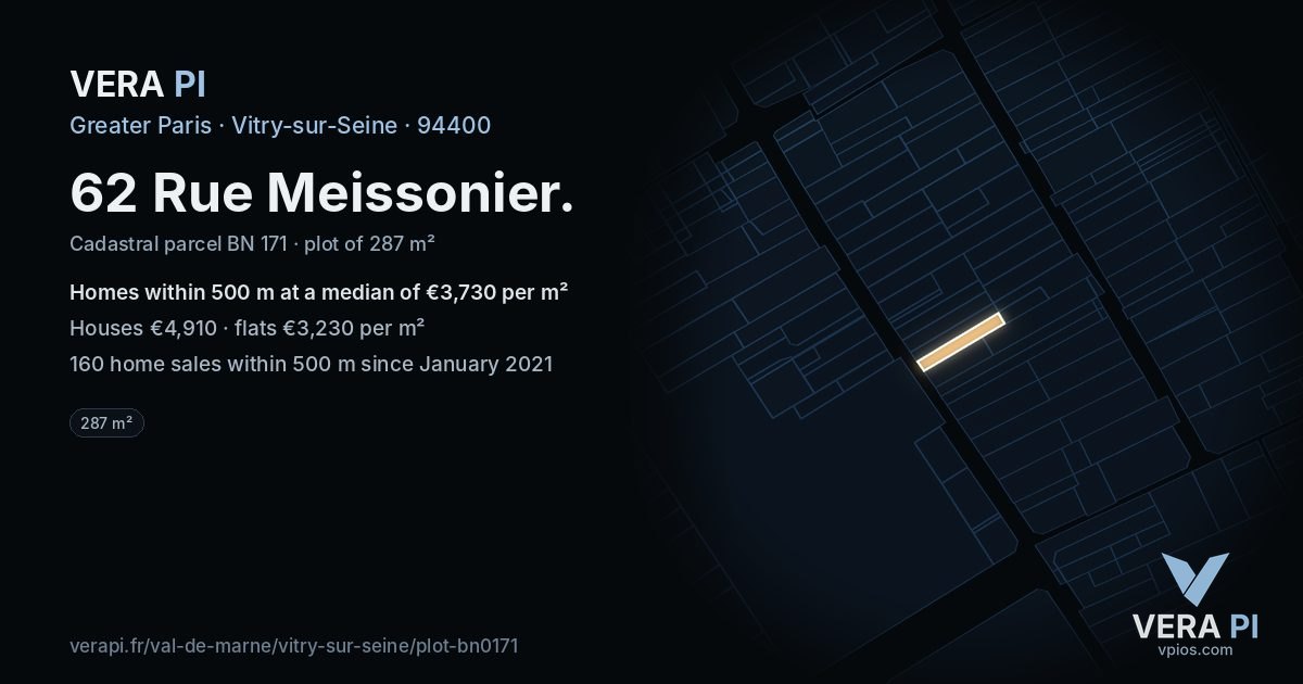 62 Rue Meissonier, Vitry-sur-Seine at night – the plot lit, the parcels around coloured by the prices near them