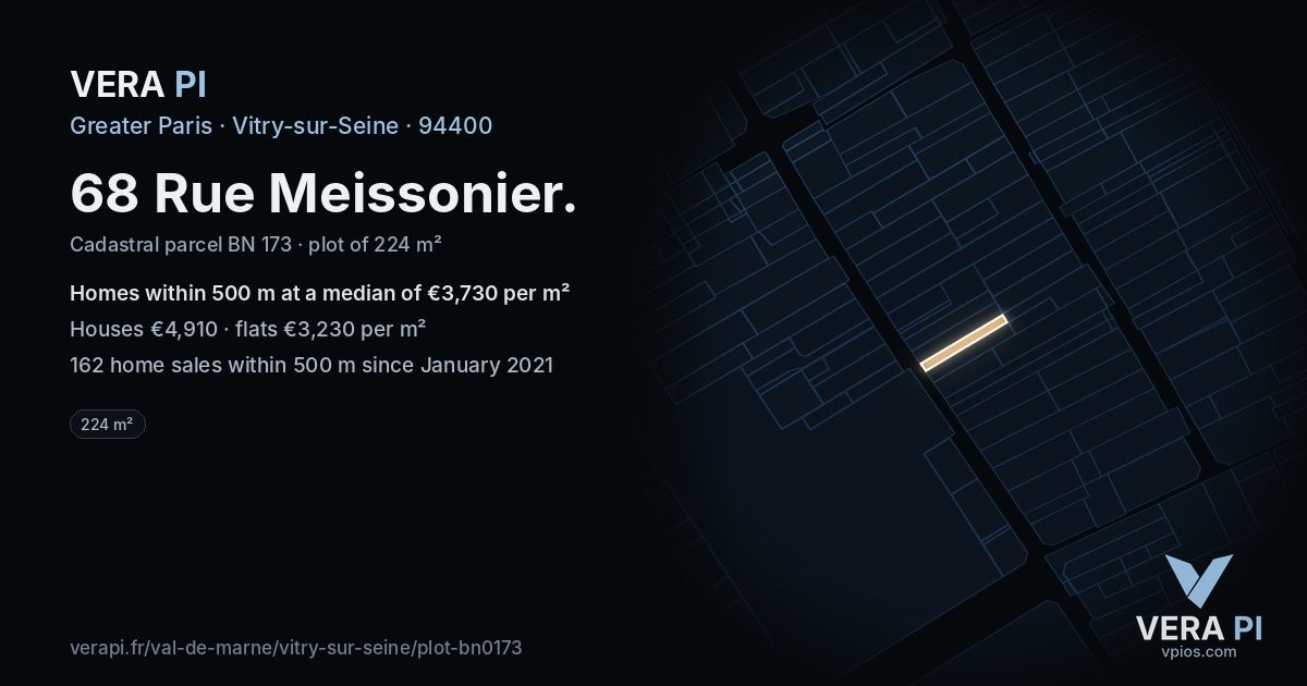 68 Rue Meissonier, Vitry-sur-Seine at night – the plot lit, the parcels around coloured by the prices near them