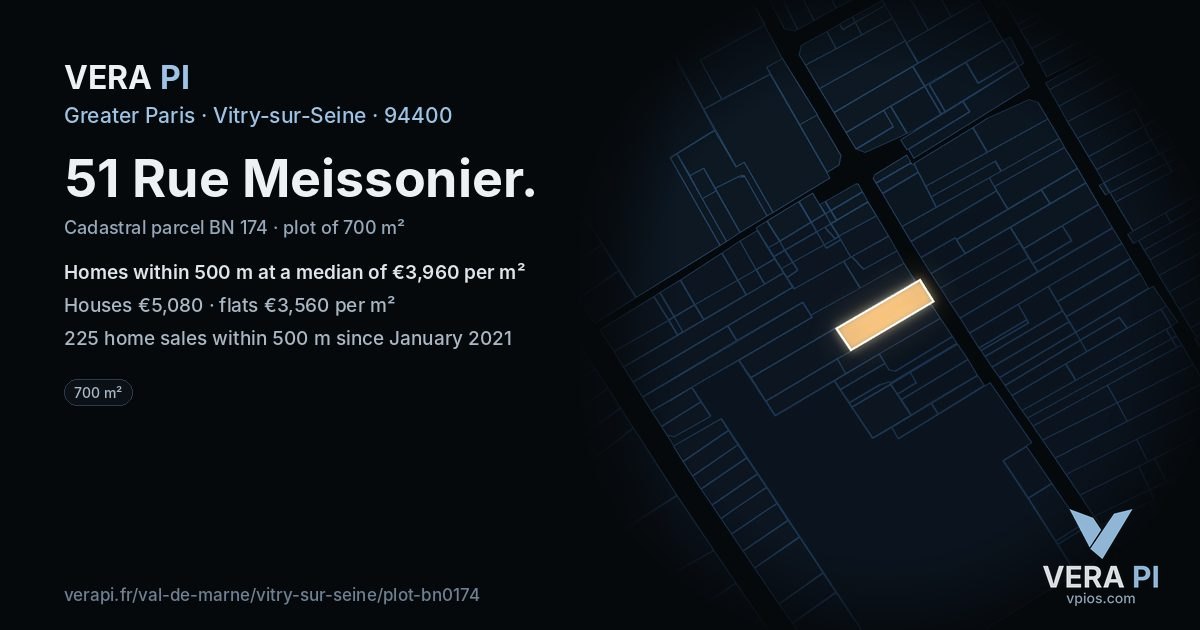 51 Rue Meissonier, Vitry-sur-Seine at night – the plot lit, the parcels around coloured by the prices near them