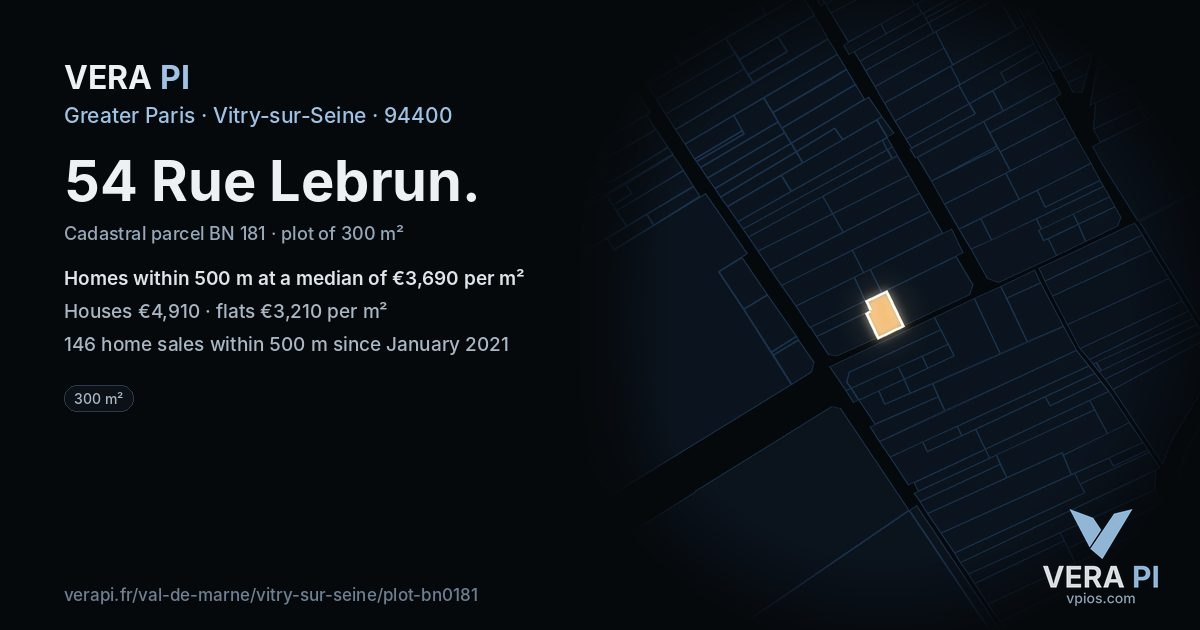 54 Rue Lebrun, Vitry-sur-Seine at night – the plot lit, the parcels around coloured by the prices near them