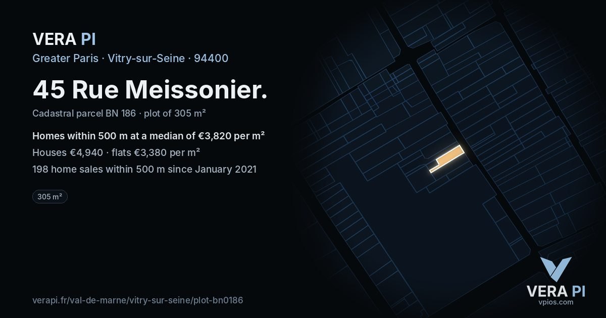 45 Rue Meissonier, Vitry-sur-Seine at night – the plot lit, the parcels around coloured by the prices near them