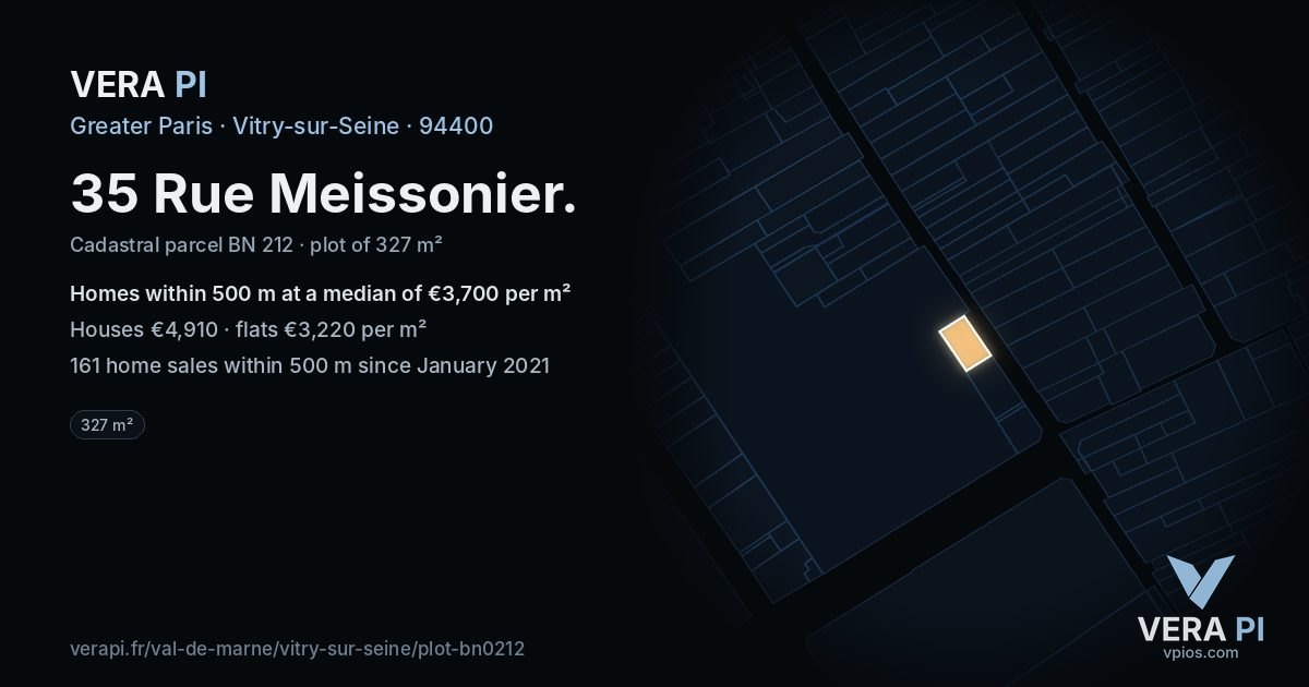 35 Rue Meissonier, Vitry-sur-Seine at night – the plot lit, the parcels around coloured by the prices near them
