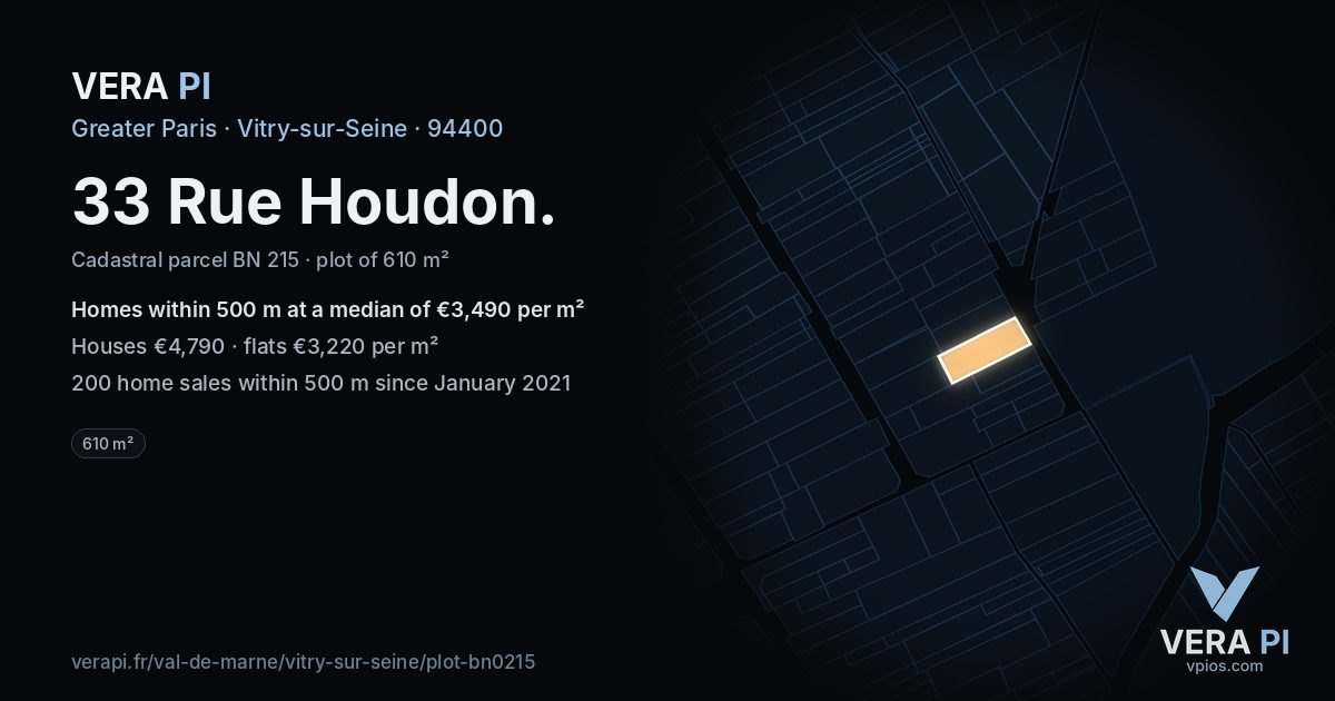 33 Rue Houdon, Vitry-sur-Seine at night – the plot lit, the parcels around coloured by the prices near them