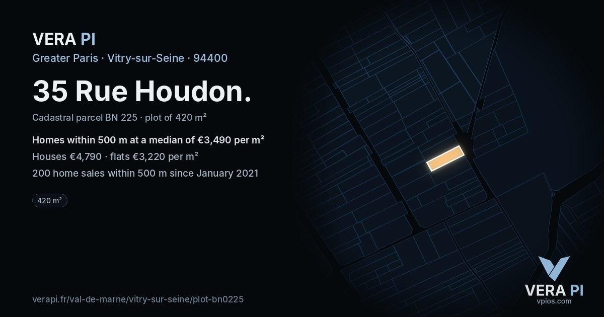 35 Rue Houdon, Vitry-sur-Seine at night – the plot lit, the parcels around coloured by the prices near them