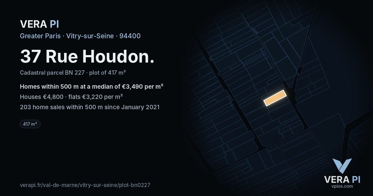 37 Rue Houdon, Vitry-sur-Seine at night – the plot lit, the parcels around coloured by the prices near them