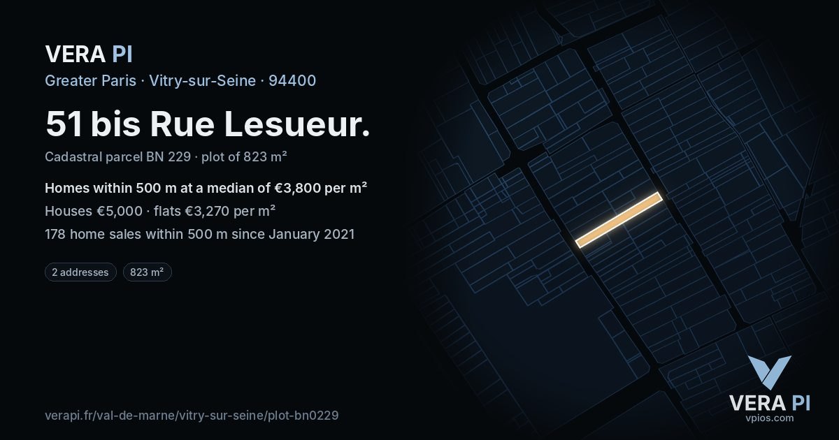 51 bis Rue Lesueur, Vitry-sur-Seine at night – the plot lit, the parcels around coloured by the prices near them