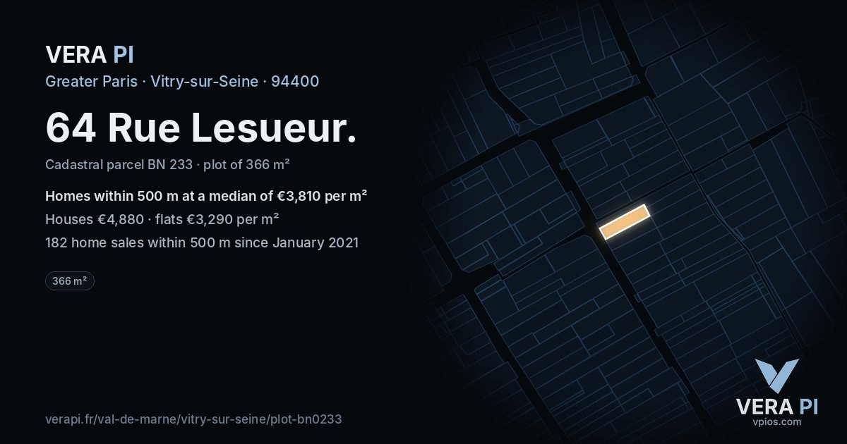 64 Rue Lesueur, Vitry-sur-Seine at night – the plot lit, the parcels around coloured by the prices near them