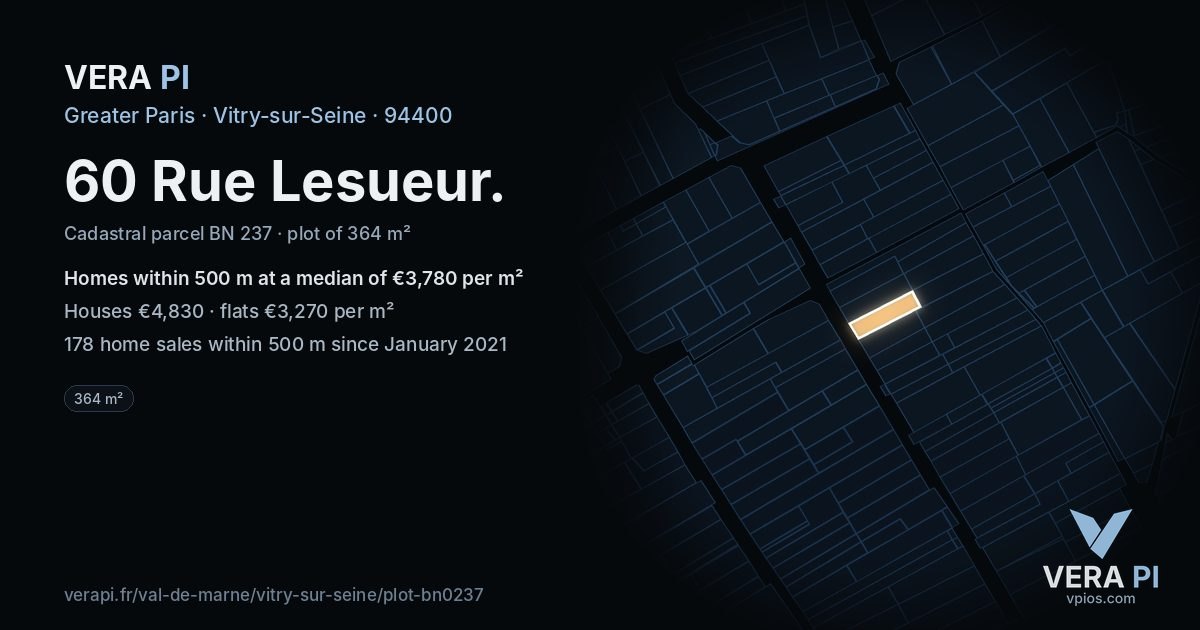 60 Rue Lesueur, Vitry-sur-Seine at night – the plot lit, the parcels around coloured by the prices near them