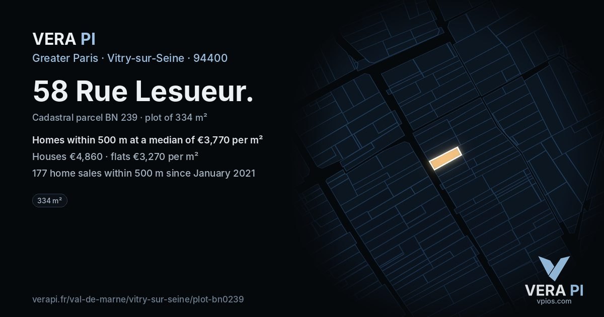 58 Rue Lesueur, Vitry-sur-Seine at night – the plot lit, the parcels around coloured by the prices near them