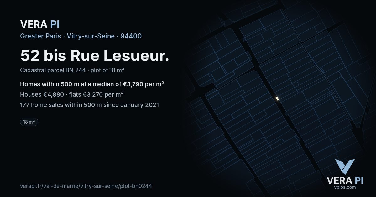 52 bis Rue Lesueur, Vitry-sur-Seine at night – the plot lit, the parcels around coloured by the prices near them
