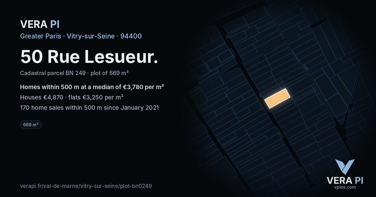 50 Rue Lesueur, Vitry-sur-Seine at night – the plot lit, the parcels around coloured by the prices near them
