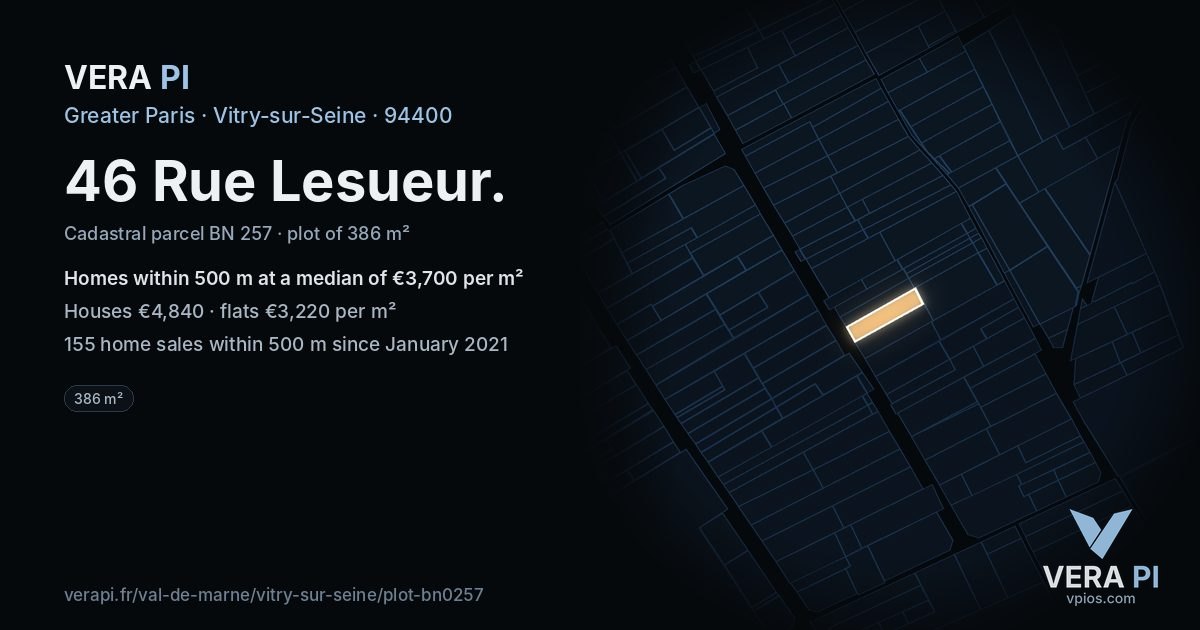 46 Rue Lesueur, Vitry-sur-Seine at night – the plot lit, the parcels around coloured by the prices near them