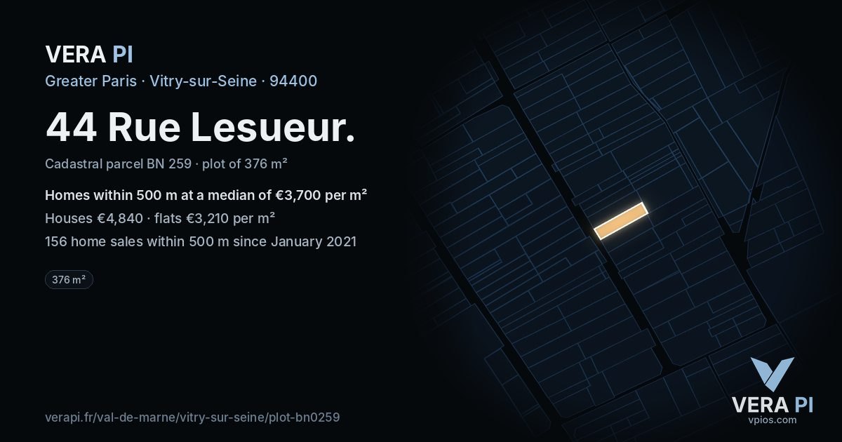 44 Rue Lesueur, Vitry-sur-Seine at night – the plot lit, the parcels around coloured by the prices near them