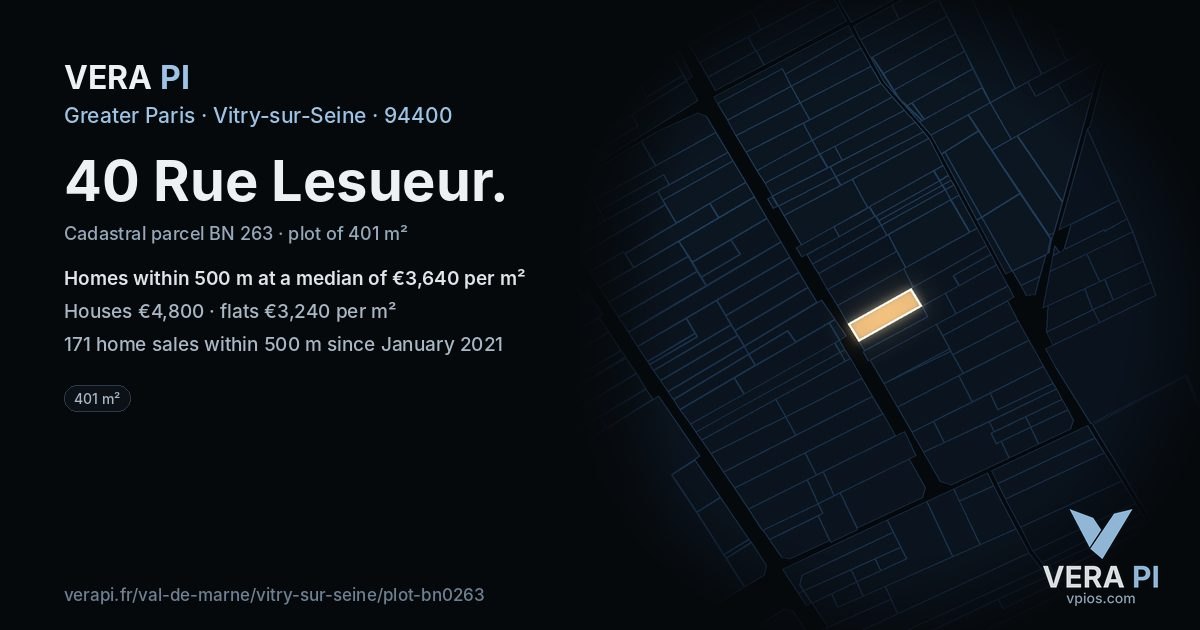 40 Rue Lesueur, Vitry-sur-Seine at night – the plot lit, the parcels around coloured by the prices near them