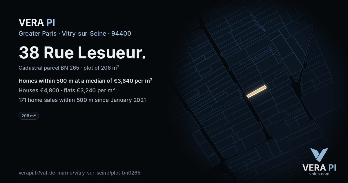 38 Rue Lesueur, Vitry-sur-Seine at night – the plot lit, the parcels around coloured by the prices near them