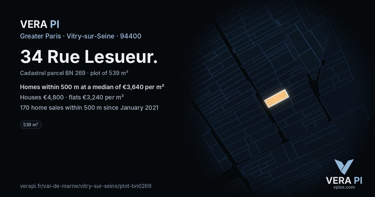 34 Rue Lesueur, Vitry-sur-Seine at night – the plot lit, the parcels around coloured by the prices near them