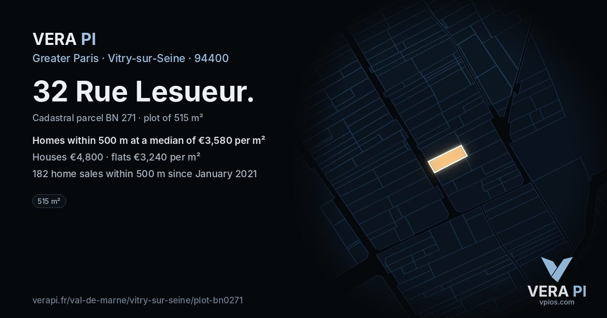 32 Rue Lesueur, Vitry-sur-Seine at night – the plot lit, the parcels around coloured by the prices near them
