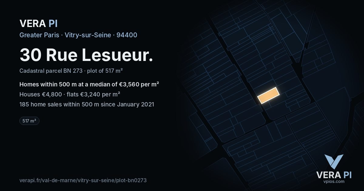 30 Rue Lesueur, Vitry-sur-Seine at night – the plot lit, the parcels around coloured by the prices near them