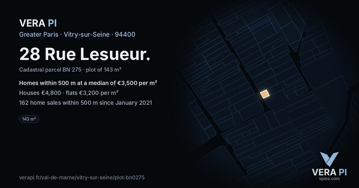28 Rue Lesueur, Vitry-sur-Seine at night – the plot lit, the parcels around coloured by the prices near them