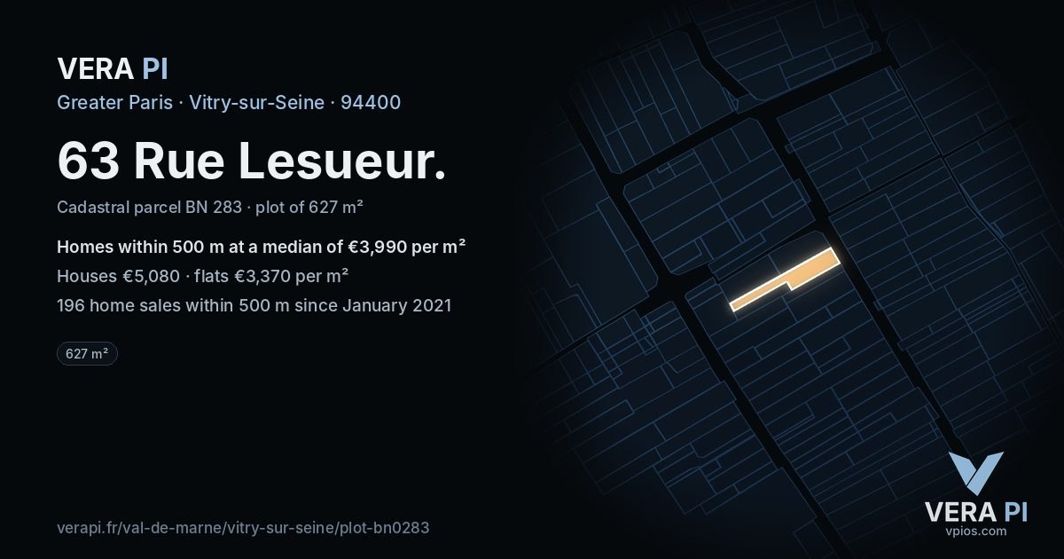 63 Rue Lesueur, Vitry-sur-Seine at night – the plot lit, the parcels around coloured by the prices near them