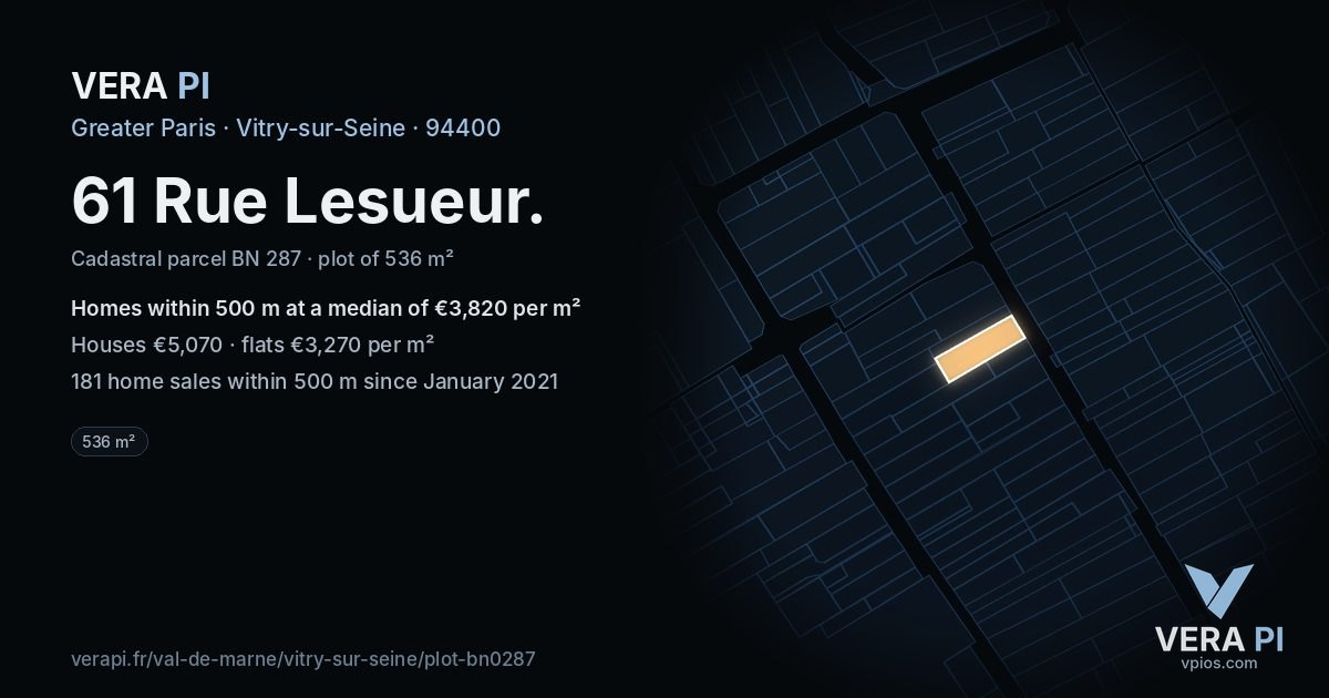 61 Rue Lesueur, Vitry-sur-Seine at night – the plot lit, the parcels around coloured by the prices near them