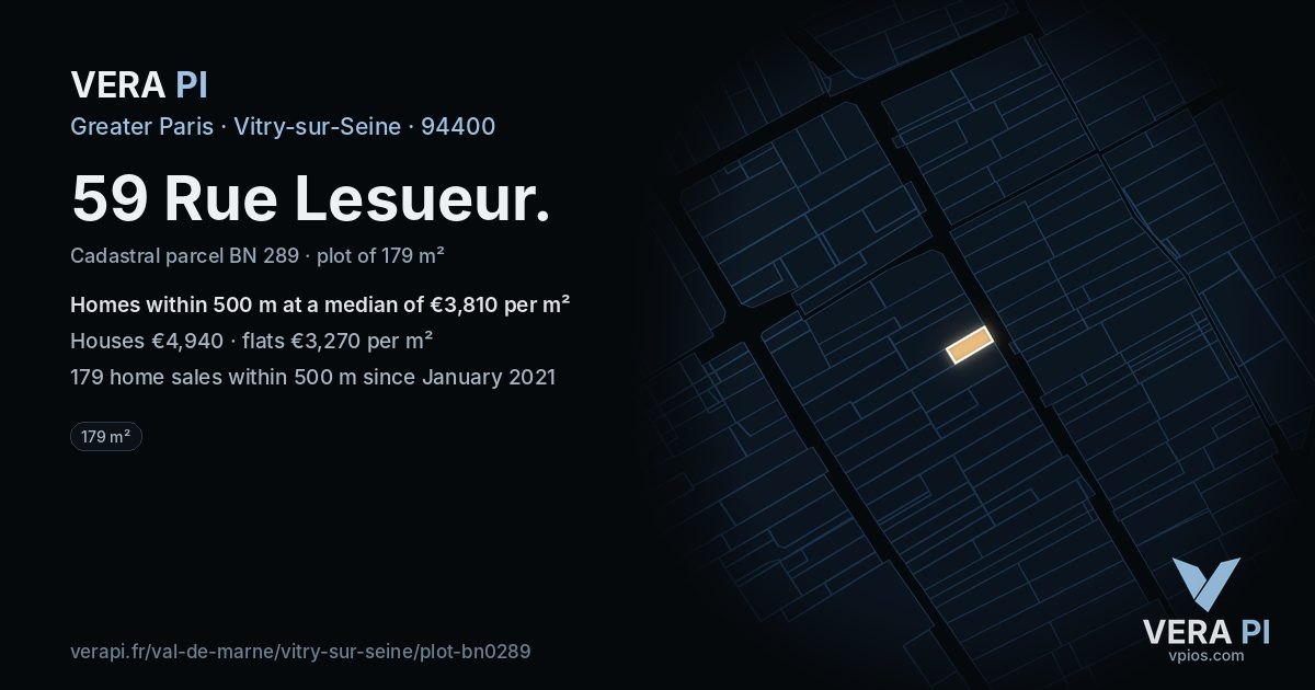 59 Rue Lesueur, Vitry-sur-Seine at night – the plot lit, the parcels around coloured by the prices near them
