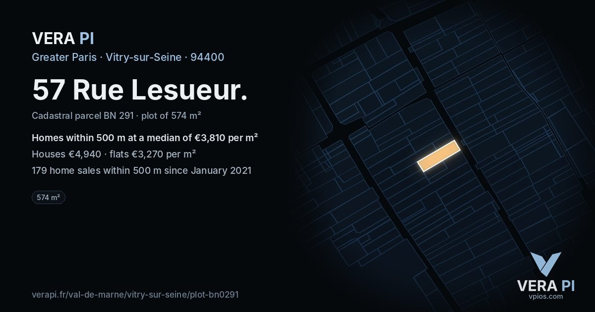 57 Rue Lesueur, Vitry-sur-Seine at night – the plot lit, the parcels around coloured by the prices near them