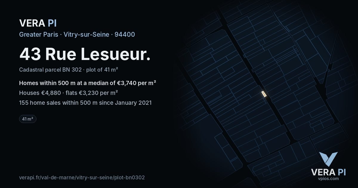 43 Rue Lesueur, Vitry-sur-Seine at night – the plot lit, the parcels around coloured by the prices near them