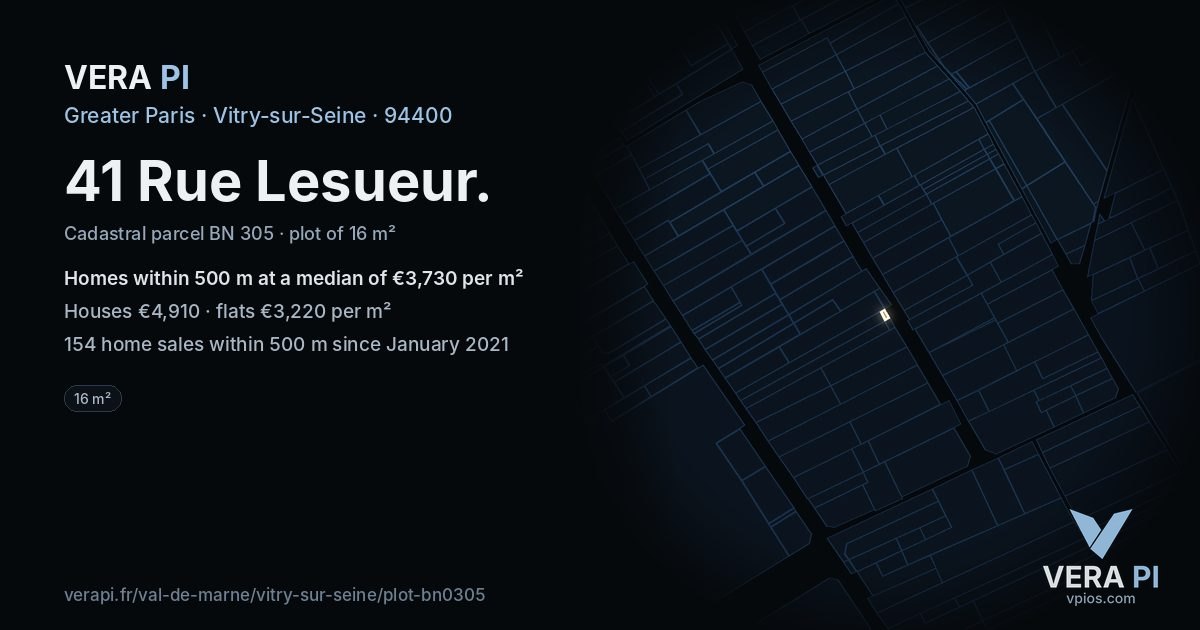 41 Rue Lesueur, Vitry-sur-Seine at night – the plot lit, the parcels around coloured by the prices near them