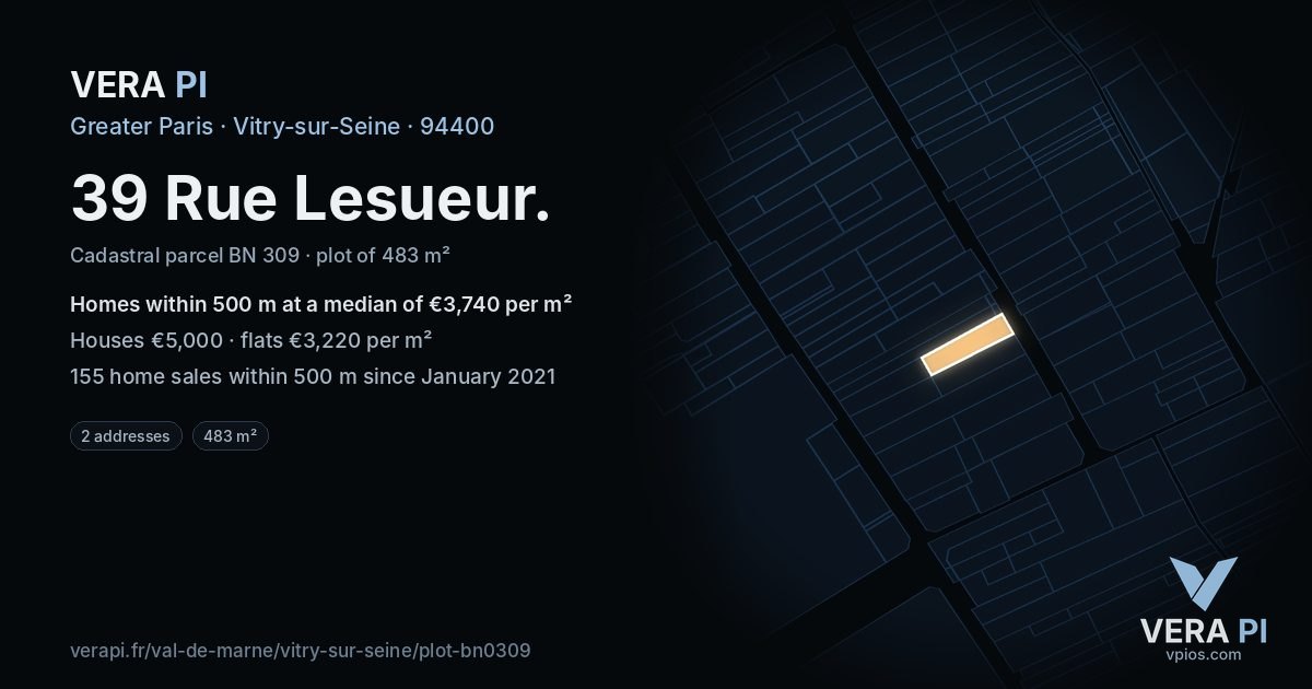 39 Rue Lesueur, Vitry-sur-Seine at night – the plot lit, the parcels around coloured by the prices near them