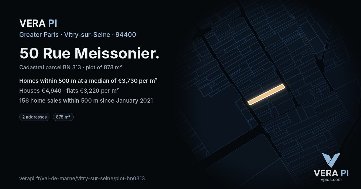 50 Rue Meissonier, Vitry-sur-Seine at night – the plot lit, the parcels around coloured by the prices near them