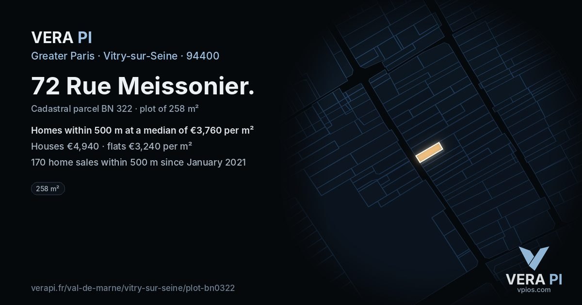 72 Rue Meissonier, Vitry-sur-Seine at night – the plot lit, the parcels around coloured by the prices near them