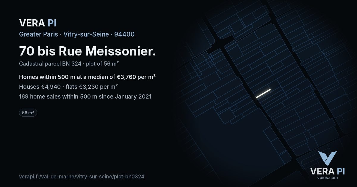 70 bis Rue Meissonier, Vitry-sur-Seine at night – the plot lit, the parcels around coloured by the prices near them