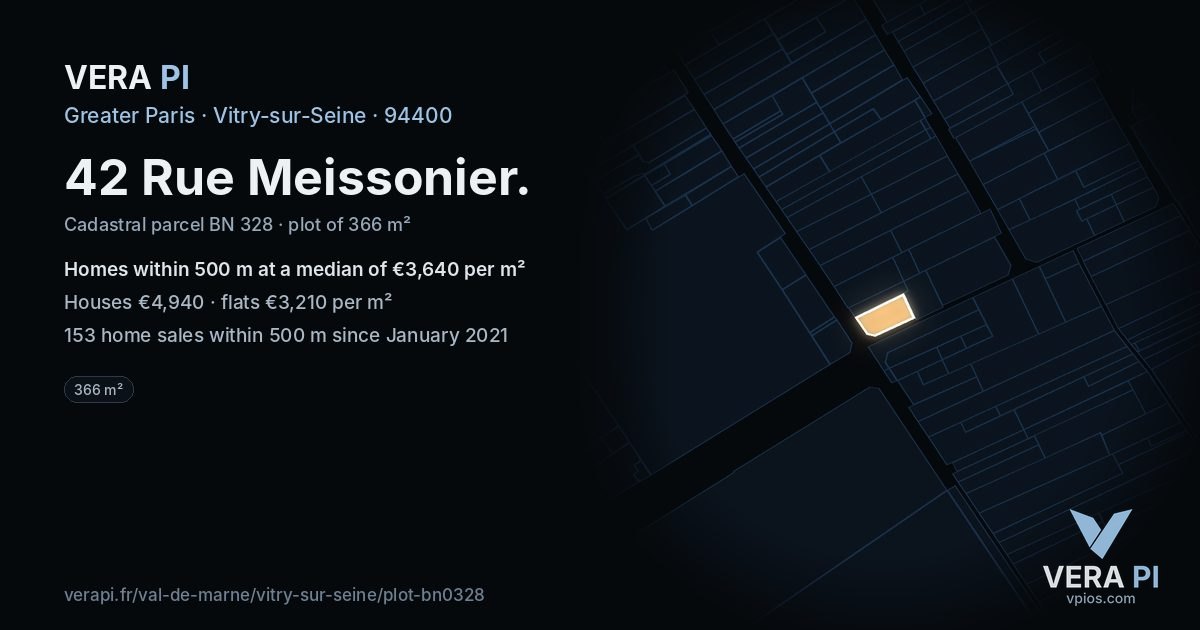 42 Rue Meissonier, Vitry-sur-Seine at night – the plot lit, the parcels around coloured by the prices near them