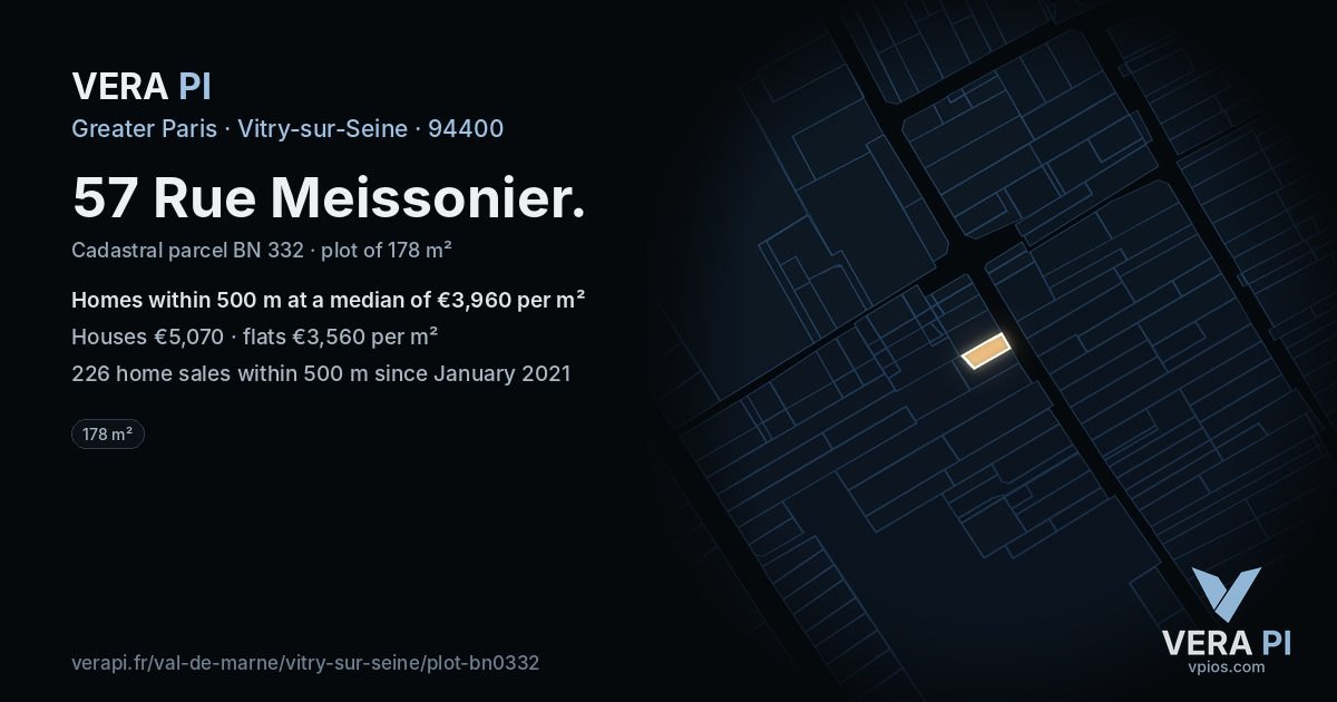 57 Rue Meissonier, Vitry-sur-Seine at night – the plot lit, the parcels around coloured by the prices near them