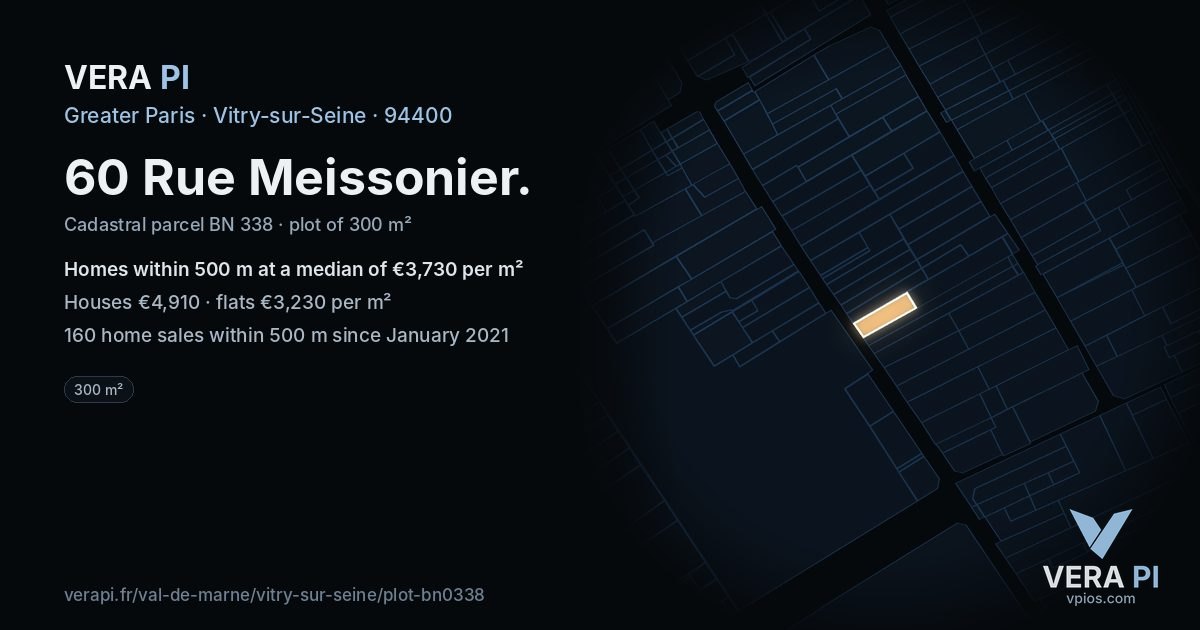 60 Rue Meissonier, Vitry-sur-Seine at night – the plot lit, the parcels around coloured by the prices near them