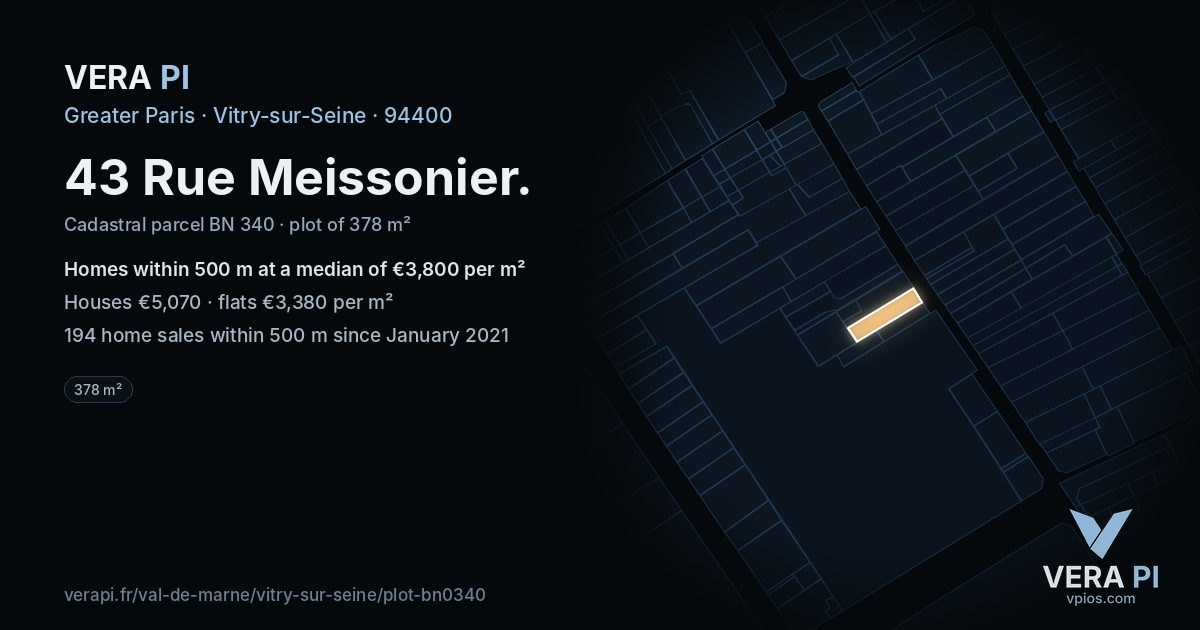 43 Rue Meissonier, Vitry-sur-Seine at night – the plot lit, the parcels around coloured by the prices near them