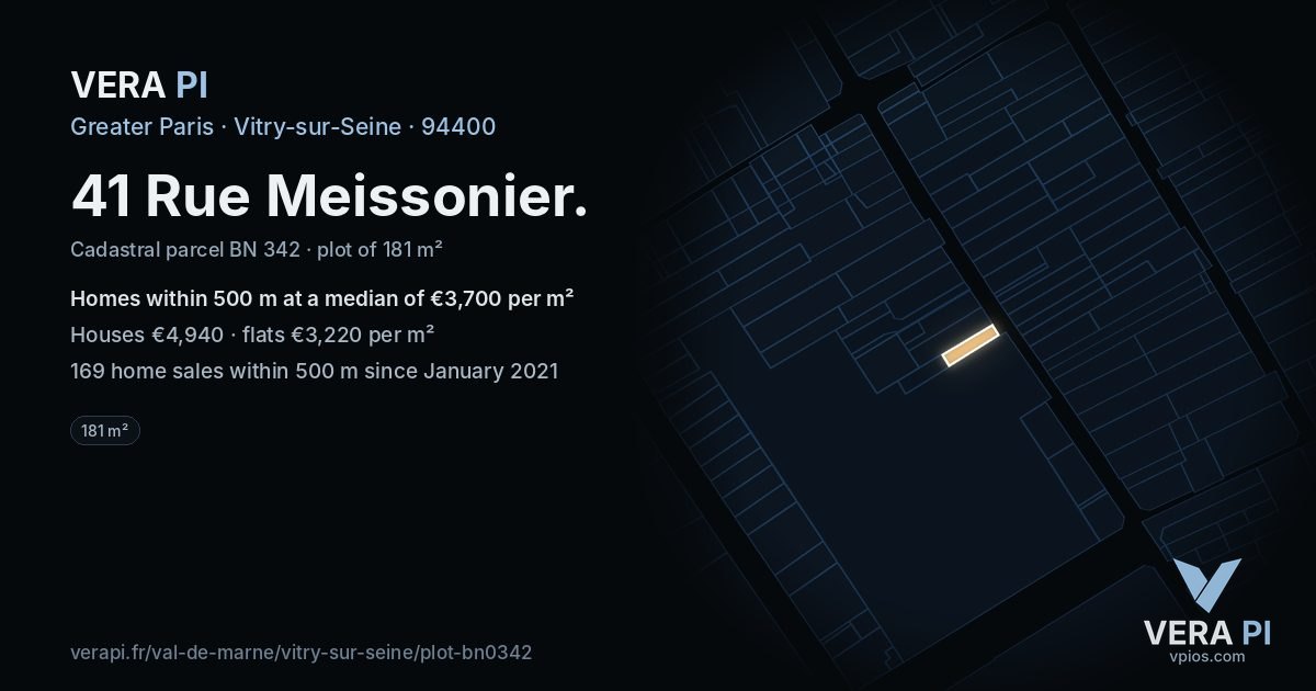 41 Rue Meissonier, Vitry-sur-Seine at night – the plot lit, the parcels around coloured by the prices near them