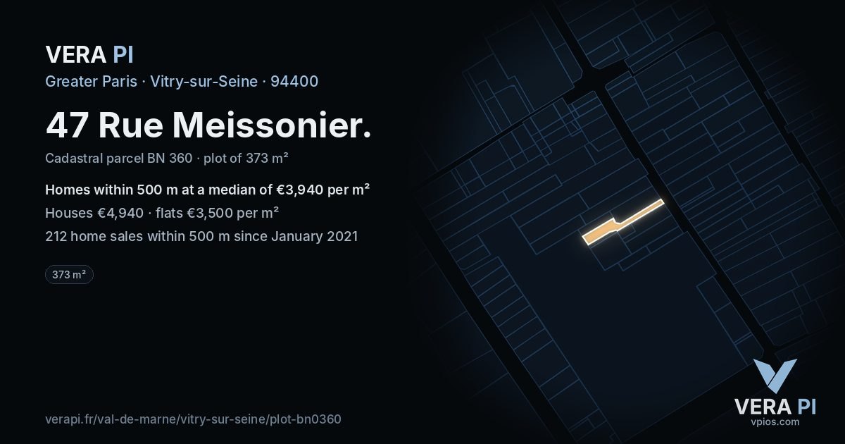 47 Rue Meissonier, Vitry-sur-Seine at night – the plot lit, the parcels around coloured by the prices near them