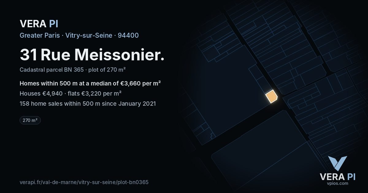 31 Rue Meissonier, Vitry-sur-Seine at night – the plot lit, the parcels around coloured by the prices near them