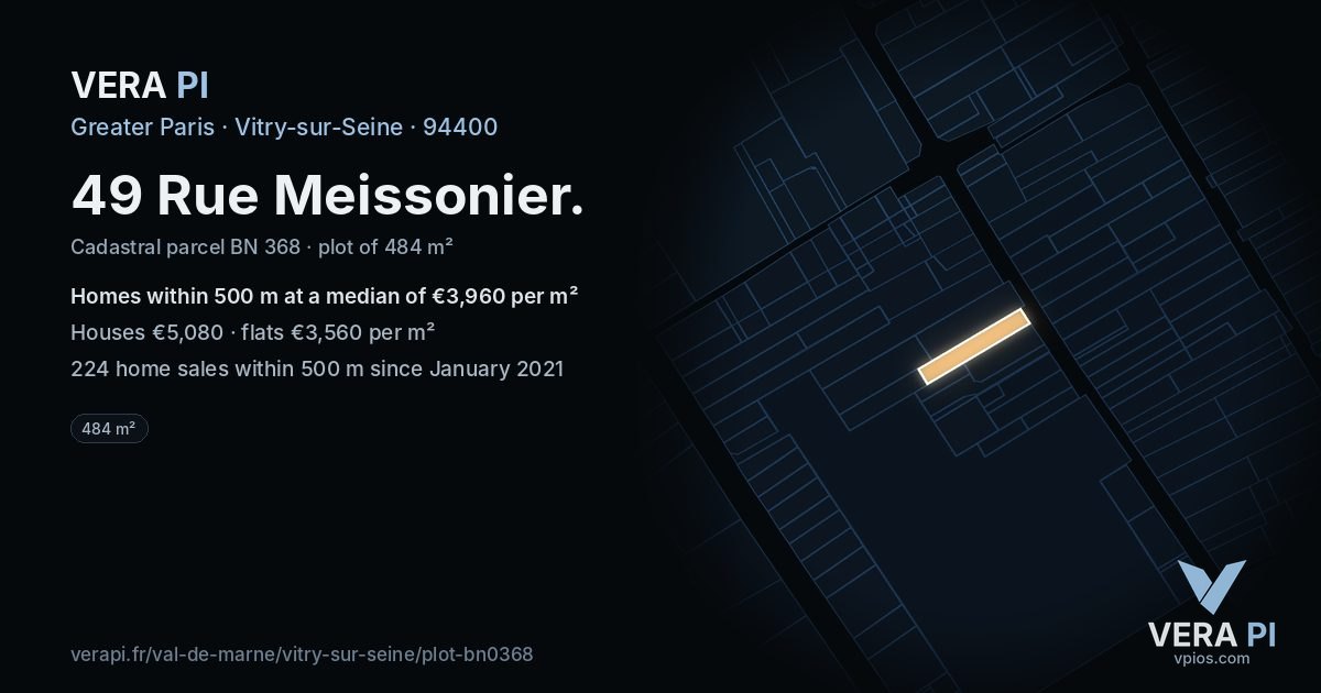 49 Rue Meissonier, Vitry-sur-Seine at night – the plot lit, the parcels around coloured by the prices near them