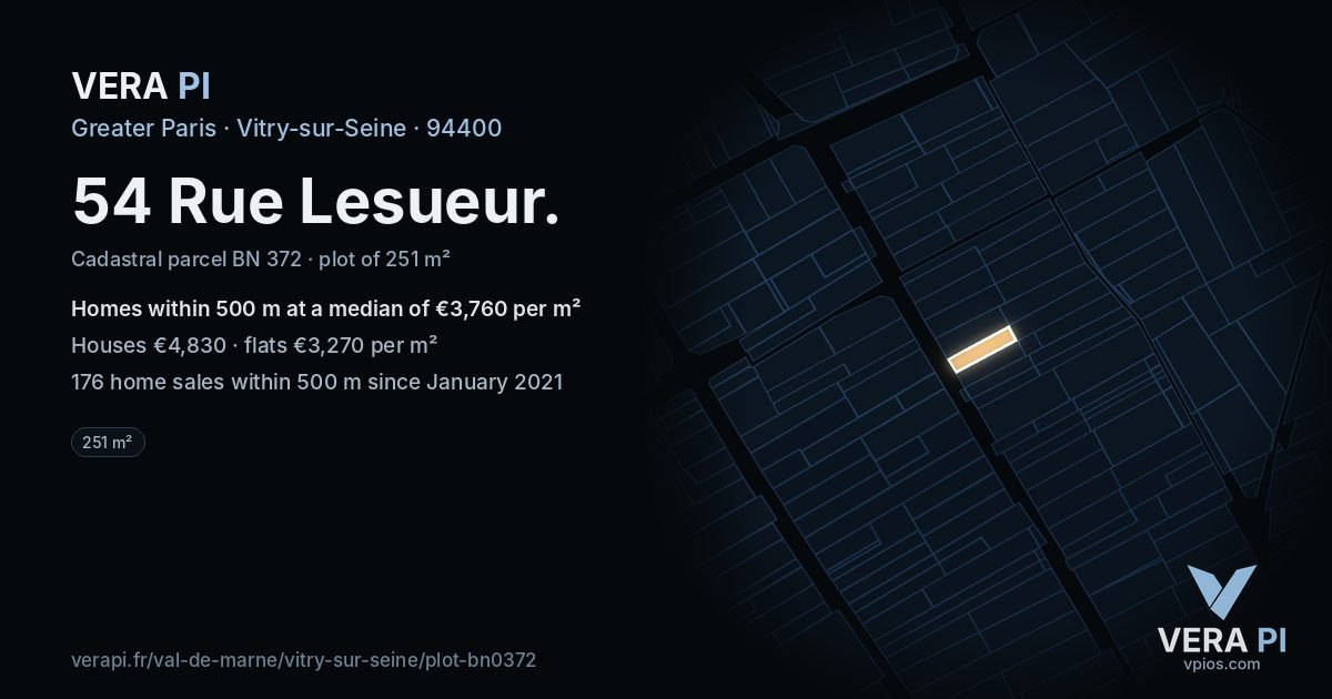 54 Rue Lesueur, Vitry-sur-Seine at night – the plot lit, the parcels around coloured by the prices near them