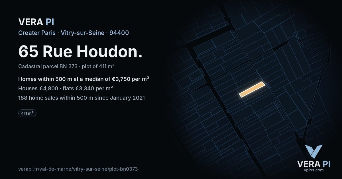 65 Rue Houdon, Vitry-sur-Seine at night – the plot lit, the parcels around coloured by the prices near them