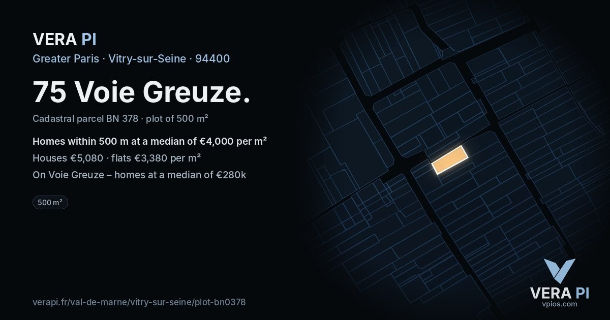 75 Voie Greuze, Vitry-sur-Seine at night – the plot lit, the parcels around coloured by the prices near them
