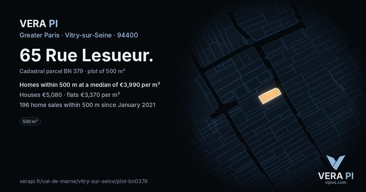 65 Rue Lesueur, Vitry-sur-Seine at night – the plot lit, the parcels around coloured by the prices near them