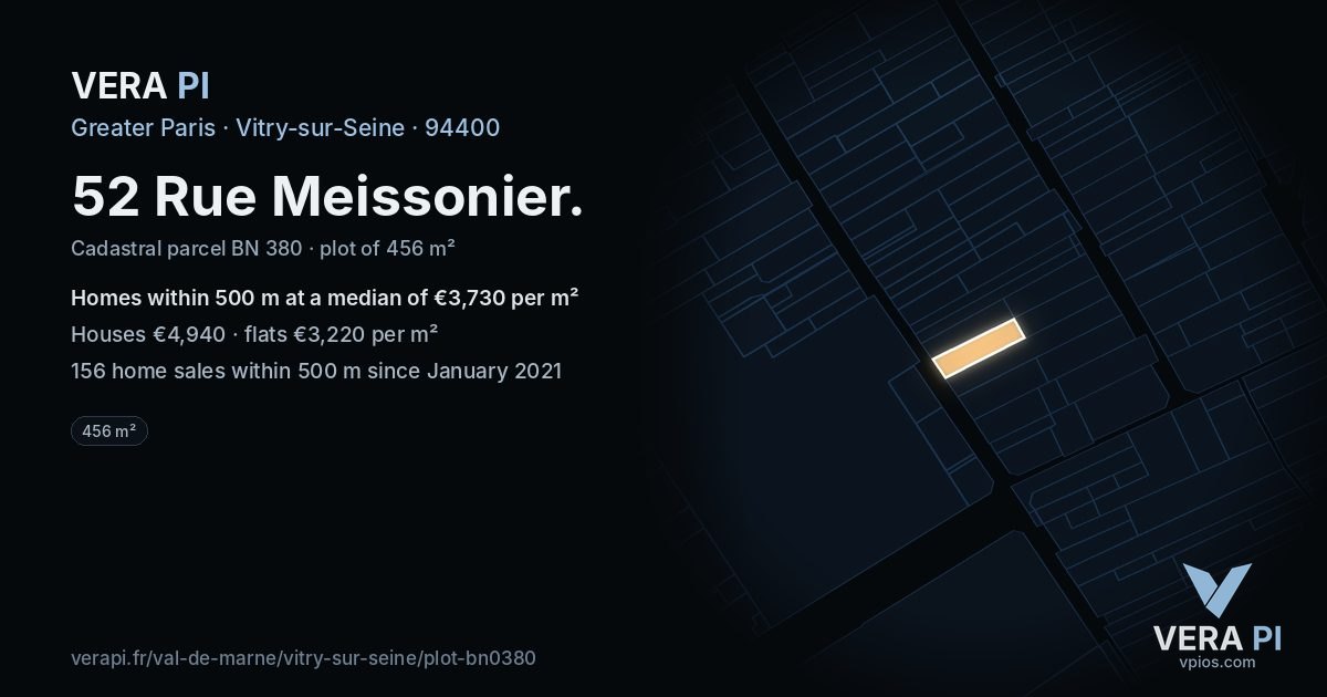 52 Rue Meissonier, Vitry-sur-Seine at night – the plot lit, the parcels around coloured by the prices near them