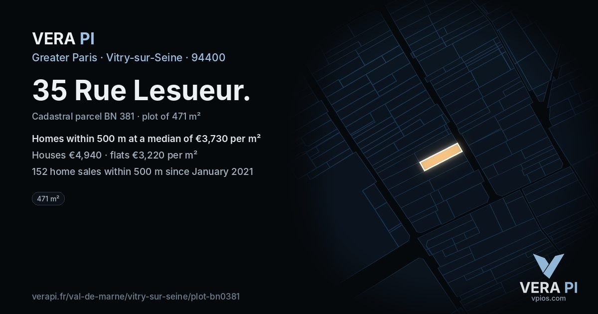 35 Rue Lesueur, Vitry-sur-Seine at night – the plot lit, the parcels around coloured by the prices near them